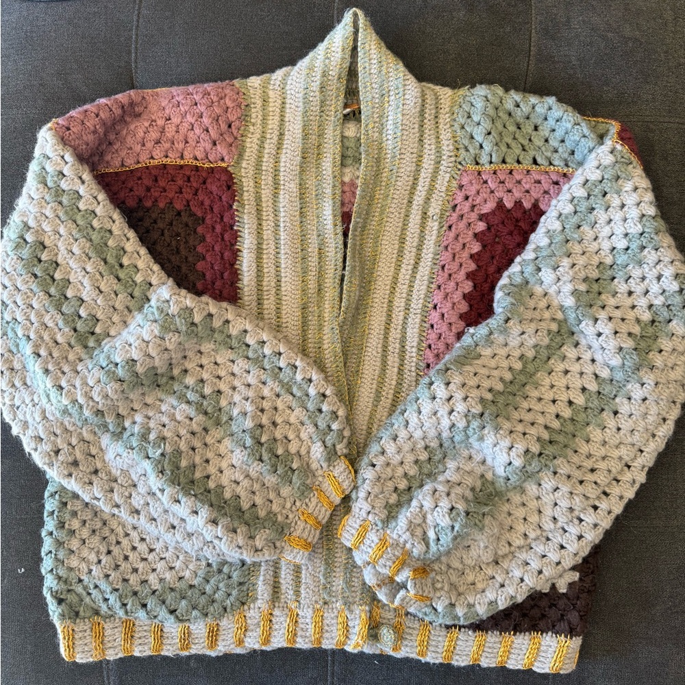 Free People Colorful Crochet Squares Cardigan w/bubble sleeves